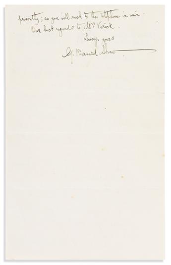 SHAW, GEORGE BERNARD. Autograph Letter Signed, G. Bernard Shaw, to George Sylvester Viereck,